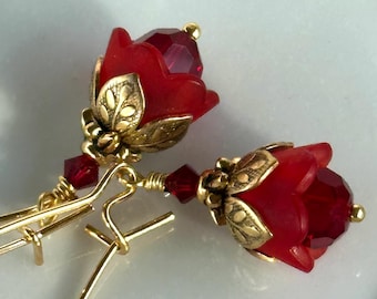 Red Rosebud Earrings: Austrian Crystal Flower Drops