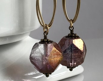 Rustic Crystal Earrings, Lavender, Copper, Gold, Long Bohemian Earrings