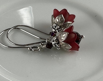 Tiny Garnet Flower Earrings, January Birthday, Swarovski Crystal, Winter Wedding, Bridesmaids Earrings