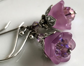 Amethyst Flower Earrings: Swarovski Crystal Tulips, Sterling Silver