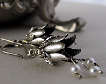 Silver Flower Earrings: Swarovski Pearl Dangles, Winter Wedding Jewelry