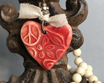 Red Ceramic Heart Pendant Necklace, Hand-Knotted Riverstone Beads, Boho Style