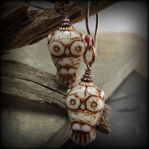 Owl Earrings, Tiny Hooters, Ivory, Copper Etching, Kappa Kappa Gamma, Chi Omega, Graduation Gift