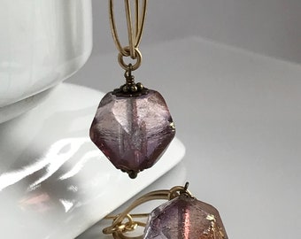 Rustic Crystal Earrings, Lavender, Copper, Gold, Long Bohemian Earrings
