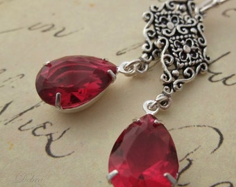 Ruby Red Glass Teardrop Jewel Earrings, Sterling Silver, Hollywood Glam, Estate Style, Rose Red Teardrop Earrings