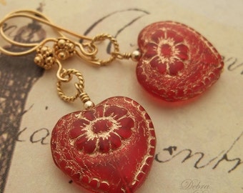 Red Glass Heart Earrings: Gold Etched Valentine's Gift