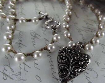 Silver Heart Pendant Necklace: Crocheted Swarovski Pearl Boho Jewelry