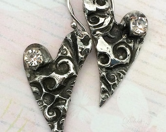 Silver Whimsical Heart Earrings, Sterling Earwires, Hand Stamped