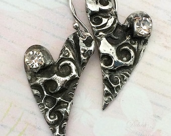 Silver Whimsical Heart Earrings, Sterling Earwires, Hand Stamped