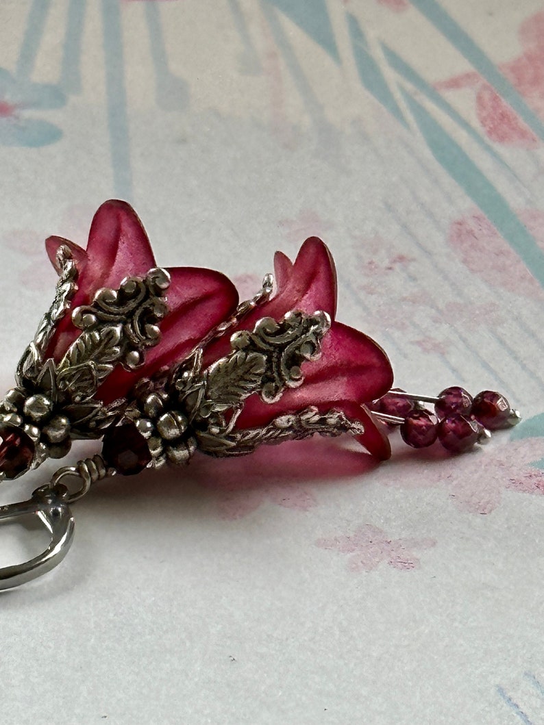 Garnet Earrings, Burgundy Wine Flower Earrings, January Birthday Birthstone, Bridesmaid jewelry, Valentine's Day image 2