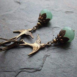 Green Aventurine Swallow Earrings,  Vintage Style Antique Brass Bird Earrings, Nature Lover, Bird Watcher