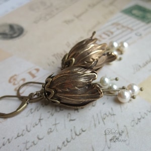 Pearl Earrings, Vintage Style Antique Brass Tulip Earrings, Bridal Jewelry,Bridesmaid Earrings