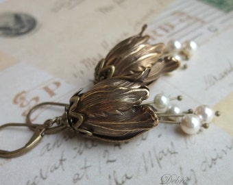 Pearl Earrings, Vintage Style Antique Brass Tulip Earrings, Bridal Jewelry,Bridesmaid Earrings