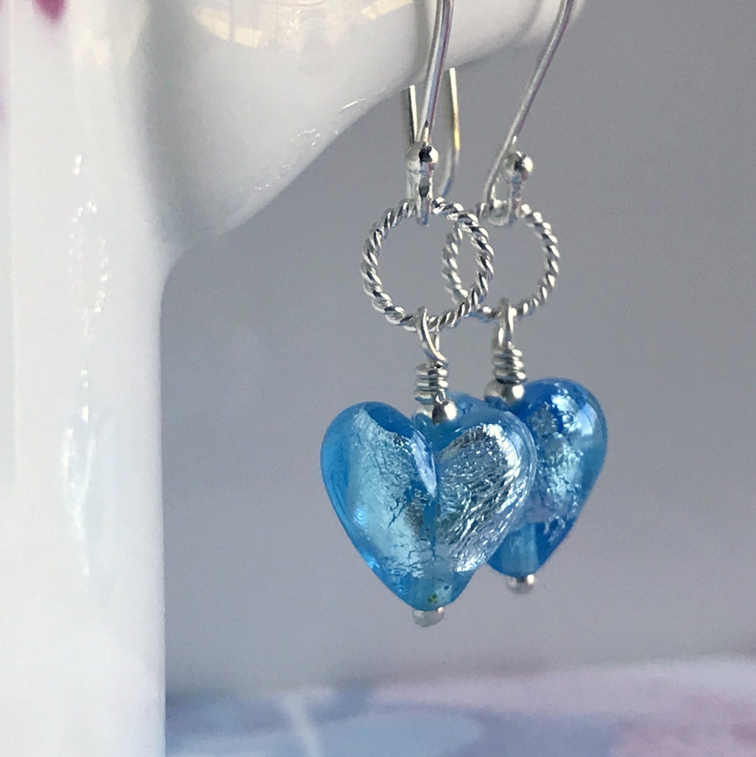 Aquamarine Earrings, Tiny Heart Earrings, Murano Glass Hearts, March ...