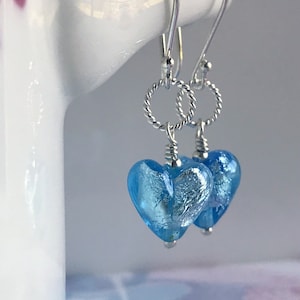 aquamarine earrings, tiny heart earrings, murano glass hearts, March birthday, sterling silver