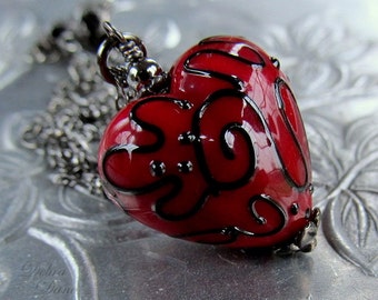 Red Heart Necklace, Lampwork Heart Pendant, Valentine's Day Gift