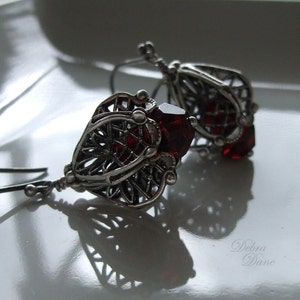 Blood Red Earrings, Garnet Earrings, Sterling Silver, Miniature Lanterns, Renaissance image 2