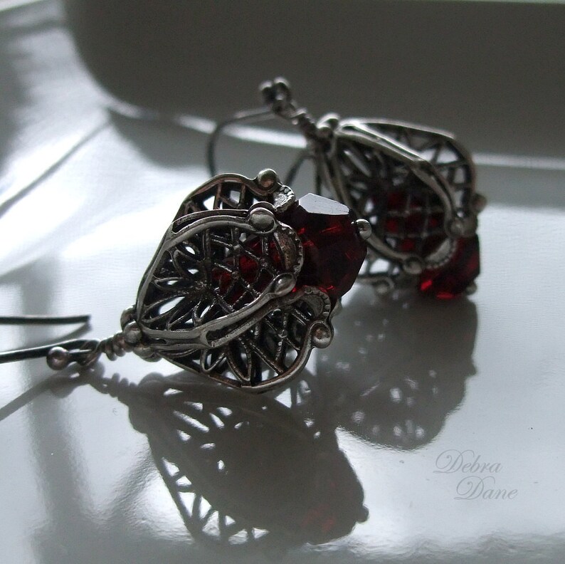 Blood Red Earrings, Garnet Earrings, Sterling Silver, Miniature Lanterns, Renaissance image 2
