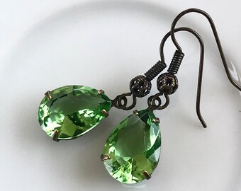 Peridot Green Vintage Style Glass Jewel Earrings. August Birthday