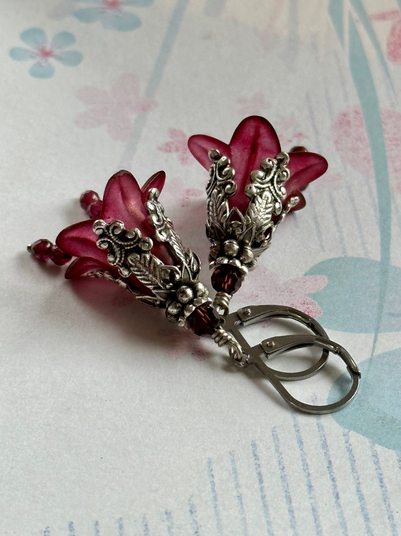 Garnet Earrings, Burgundy Wine Flower Earrings, January Birthday Birthstone, Bridesmaid jewelry, Valentine's Day image 5