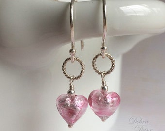Tiny Pink Heart Earrings, Murano Glass, Sterling Silver, Valentine's Day, Little Girl's Jewelry,