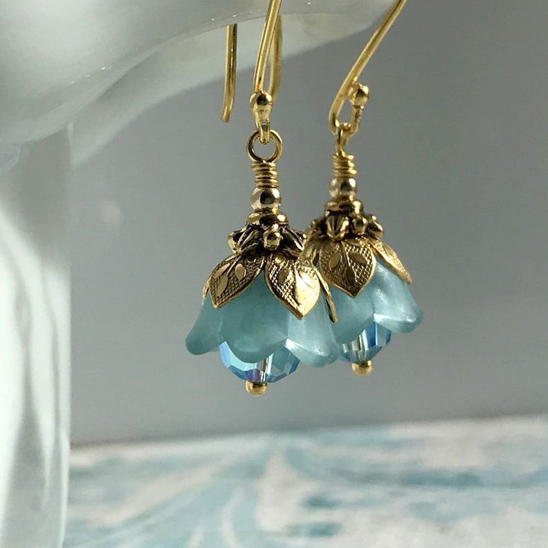 Aquamarine Earrings Tiny Aquamarine Flower Earrings March Etsy