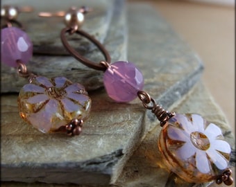 Pink Flower Dangle Earrings, Copper, Picasso Finish