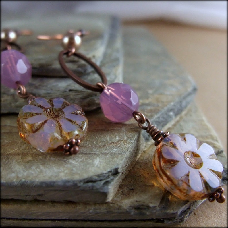 Pink Flower Earrings, Lavender Earrings, Gift for Gardener, Long Earrings, Leverback earrings, Clip on earrings image 1