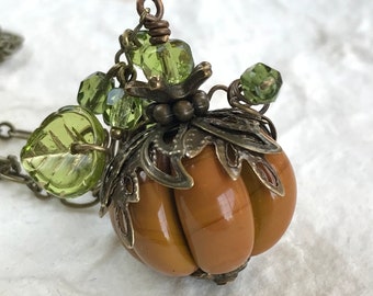 Great Pumpkin Necklace, Artisan Lampwork Pumpkin Pendant, Fall Harvest Jewelry , Fall Fashion