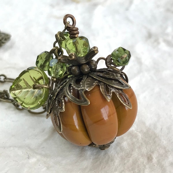 Great Pumpkin Necklace, Artisan Lampwork Pumpkin Pendant, Fall Harvest Jewelry , Fall Fashion