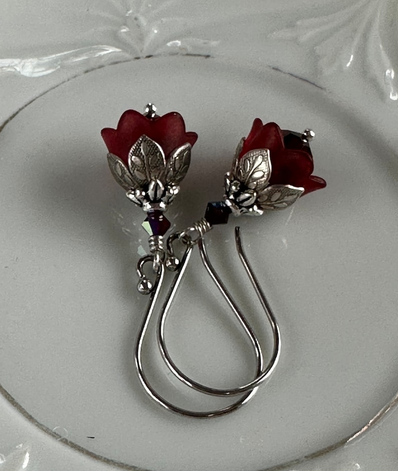 Tiny Garnet Flower Earrings, January Birthday, Swarovski Crystal, Winter Wedding, Bridesmaids Earrings, Valentines Day image 2