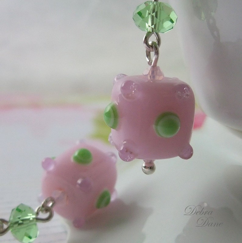 Pink Earrings, Pink and Green Earrings, Swarovski Crystal, Sputnik Earrings, Unique Baby Shower Gifts, Sterling Silver Earwires image 1