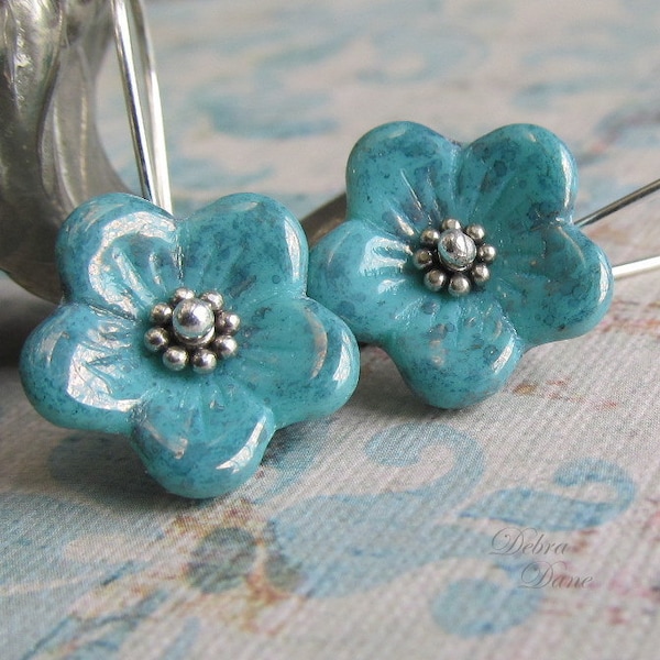 Turquoise Glass Flower Earrings, Sterling Silver, Gift for Mom