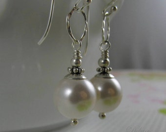 White Pearl Earrings, Bridal Jewelry, Sterling Silver Earrings