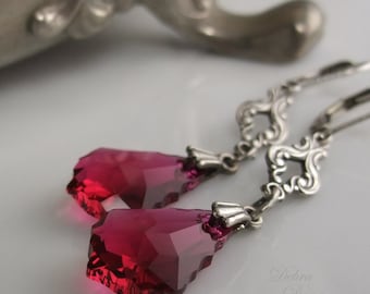 Swarovski Crystal Earrings, Ruby Earrings, Hot Pink Earrings, Fuschia Pink Earrings, Leverback, Clip on