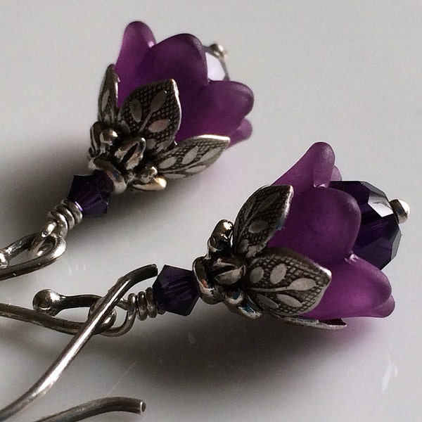 Amethyst Earrings, Tiny Amethyst Flower Earrings, February Birthday, Swarovski Crystal, Winter Wedding, Bridesmaids Earrings