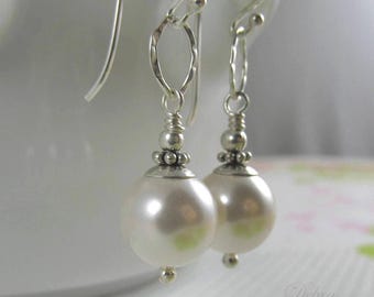 White Pearl Earrings, Bridal Jewelry, Sterling Silver Earrings
