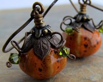 Orange Pumpkin earrings, Gourd earrings,  Antiqued Brass Vintage Style