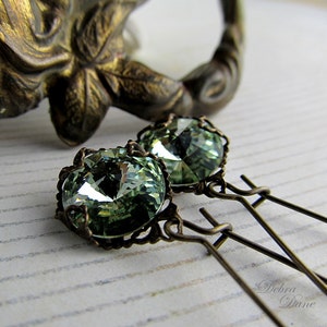 Pale Moss Green Swarovski Crystal Earrings: Antique Brass Filigree