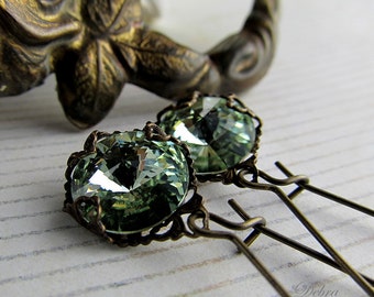 Pale Moss Green Swarovski Crystal Earrings: Antique Brass Filigree