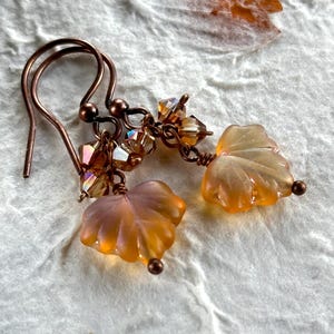 May include: Copper dangle earrings with amber glass leaf charms and iridescent crystal accents.