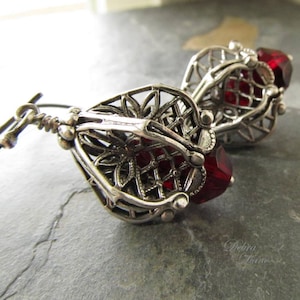 Blood Red Earrings, Garnet Earrings, Sterling Silver, Miniature Lanterns, Renaissance image 1