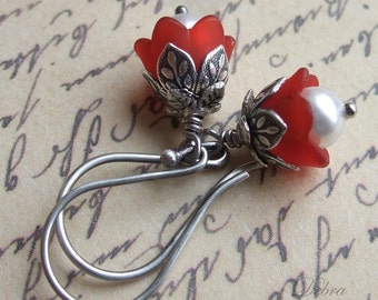 Red Tulip Earrings: Swarovski Pearl Flower Dangles, Sterling Silver