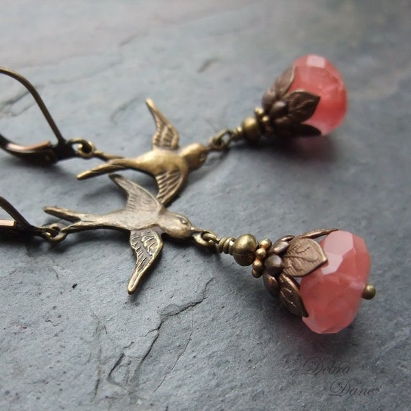 Cherry Quartz Earrings Bird Swallow Huckleberry Salmon Pink Antique Brass