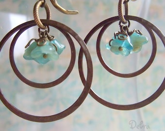 Hoop Earrings, Turquoise Flower Earrings, Hammered Brass Hoop Earrings, Antique Brass Hoop Earrings