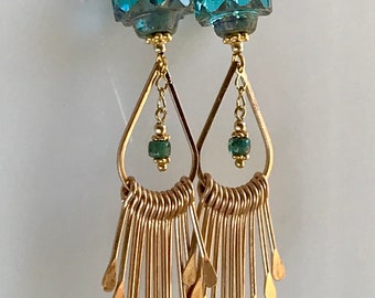 Bold and Beautiful...Long Gold Paddle Earrings, Carribean Blue, Boho, Hippie, Resort Earrings