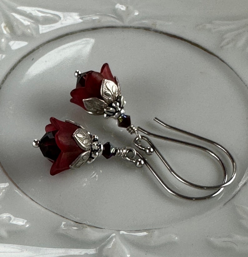 Tiny Garnet Flower Earrings, January Birthday, Swarovski Crystal, Winter Wedding, Bridesmaids Earrings, Valentines Day image 3