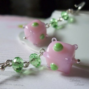 Pink Earrings, Pink and Green Earrings, Swarovski Crystal, Sputnik Earrings, Unique Baby Shower Gifts, Sterling Silver Earwires image 3