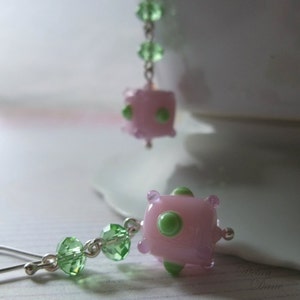 Pink Earrings, Pink and Green Earrings, Swarovski Crystal, Sputnik Earrings, Unique Baby Shower Gifts, Sterling Silver Earwires image 2