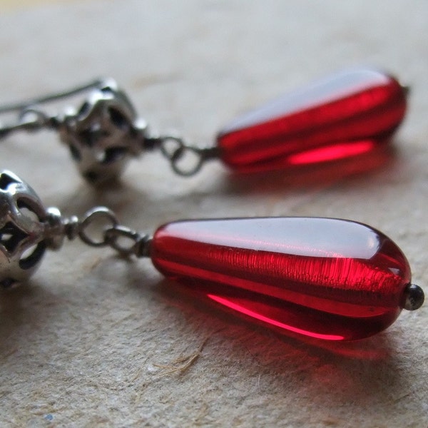 Ruby Earrings Red Earings Red Glass Sterling Silver